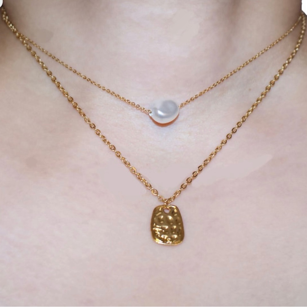 Double Chain Pearl & Gold Plate Necklace
